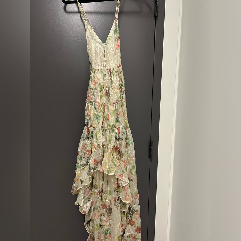 Rococo sand floral dress with gold threading throughout.